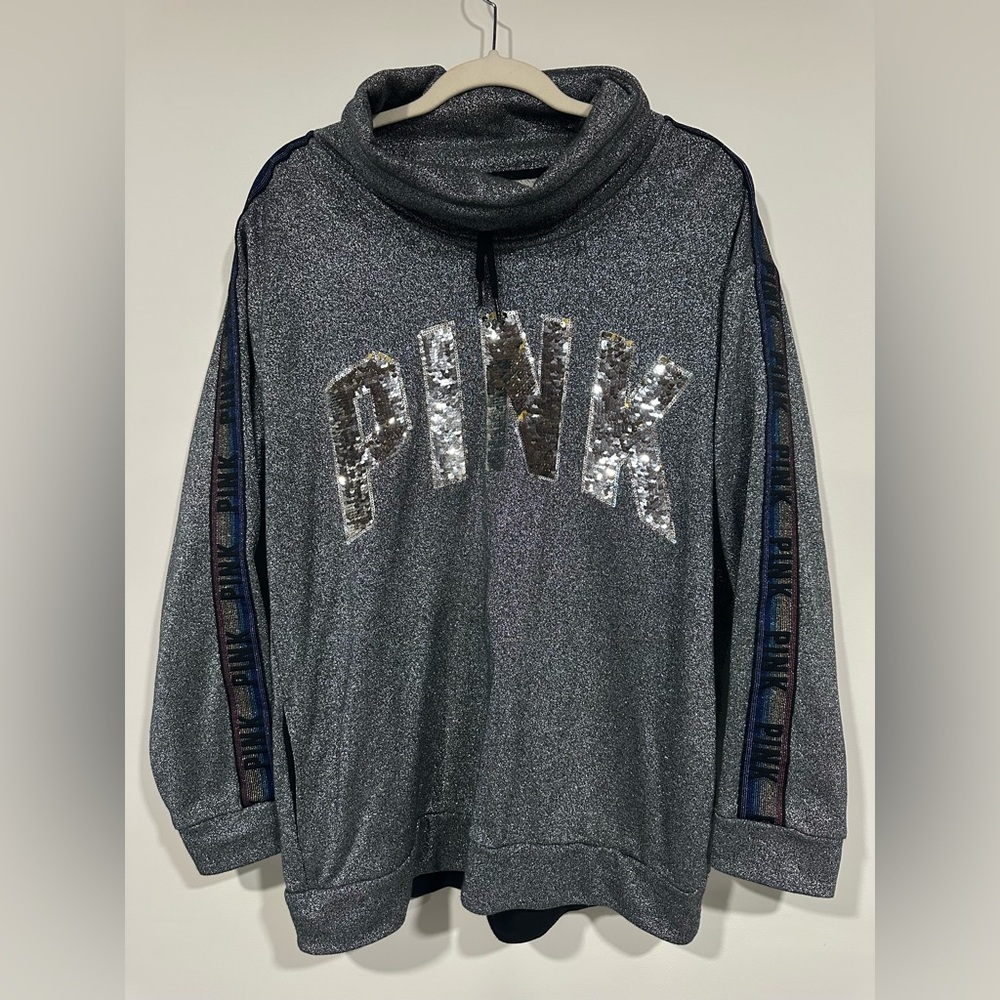 Victoria's Secret Pink Bling Campus Cowl Neck Sweatshirt Sequins Medium Rainbow
